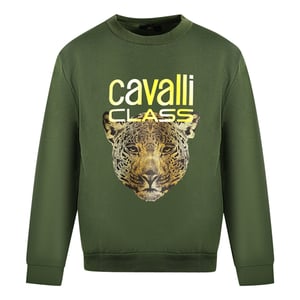 Cavalli Class Leoplardprint Logo Olijfgroene Trui