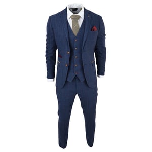 Heren Blauwe Tweed Ruit 3-Piece Pak