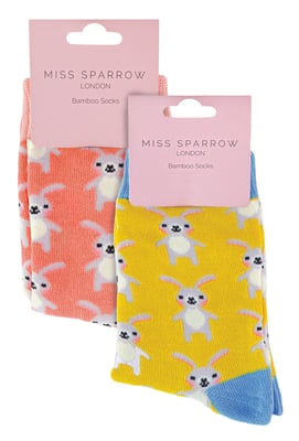 Set van 2 sokken met dierenprint voor meisjes | Miss Sparrow | Casual grappig patroon crew bamboe sokken | Grappige nieuwe sokken voor kinderen - Konijnen