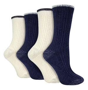Wildfeet - 4-Paar Dames Kabel Brei Sokken | Lurex Glittersokken voor Vrouwen - Blauw / crème