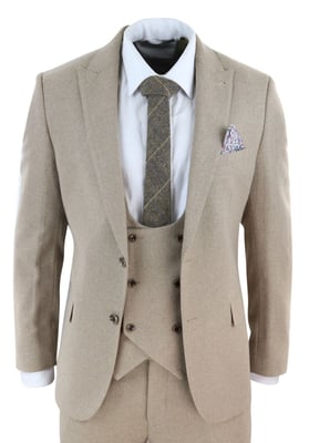 Heren tweed 3-delig beige formeel trouwpak