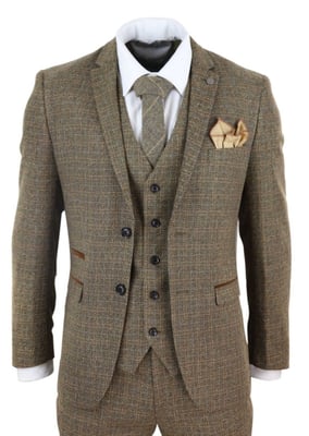 Heren 3-delig Bruin Tweed Ruit Vintage Retro Pak