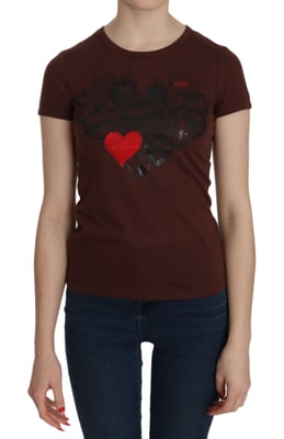 Exte Dames Bruin Hartprint Rundhals T-shirt Korte Mouw Blouse