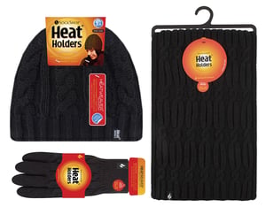 Heat Holders Dames Gebreide Muts Handschoen & Sjaal Set - Zwart