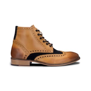 Heren klassieke Oxford Tan lederen Gatsby brogue enkellaarzen met marineblauw suède