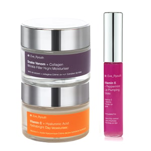 Vitamine C + Hyaluronzuur Hydrabright Dagcrème 50 ml + Slangengif + Collageen Rimpelvuller Nachtcrème 50 ml + Vitamine E Lip LPumps 8 ml