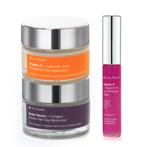 Vitamine C + Hyaluronzuur Hydrabright Dagcrème 50 ml + Slangengif + Collageen Rimpelvuller Dagcrème 50 ml + Vitamine E Lip Plumps 8 ml