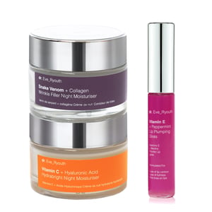 Vitamine C + Hyaluronzuur Hydrabright Nachtcrème 50 ml + Slangengif + Collageen Rimpelvuller Nachtcrème 50 ml + Vitamine E Lip Plumps 8 ml