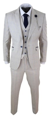Heren 3-delig crème geruit tweed visgraat vintage klassiek pak