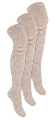 Steven - Dames 3 Paar Over Knie Wol Sokken | Multipack Vrouwen Lange Sokken - Beige