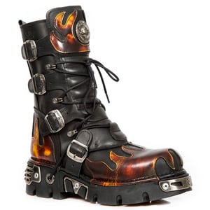 New Rock Flame geaccentueerde zwart/rode leren laarzen - 591-S1