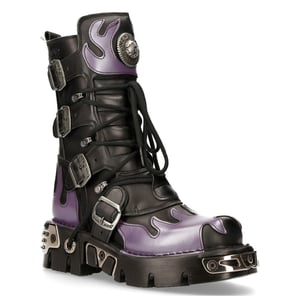 New Rock Flame geaccentueerde zwart/rode leren biker-schedellaarzen - M-591-S5