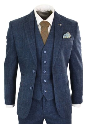 Heren 3-delig marineblauw tweed visgraat vintage klassiek pak