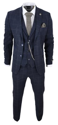 Heren 3-delige Wollen Pak Marineblauw Tweed Ruit Peaky Blinders 1920 Gatsby Formeel