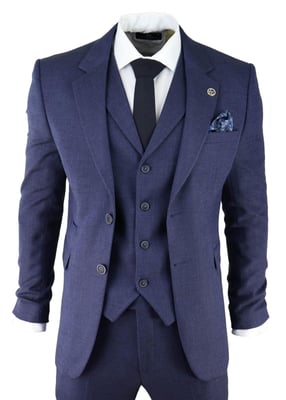 Heren marineblauw 3-delig tweed visgraatpak Peaky Blinders klassiek op maat