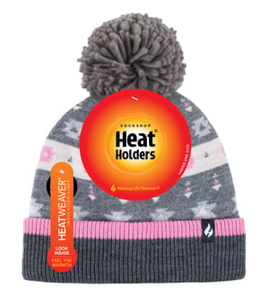 Heat Holders - Dames Thermische Winter Pom Pom Muts - Roze / Grijs