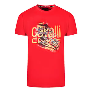 Cavalli Class Gescheurde Tijgerprint Bold Logo Rode T-shirt