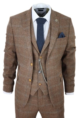 Heren 3-Piece Wollen Pak Eikenbruin Tweed Visgraat Ruit Peaky Blinders Gatsby