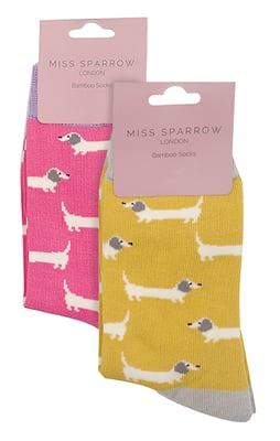 Set van 2 sokken met dierenprint voor meisjes | Miss Sparrow | Casual grappig patroon crew bamboe sokken | Grappige nieuwe sokken voor kinderen - Worsthonden