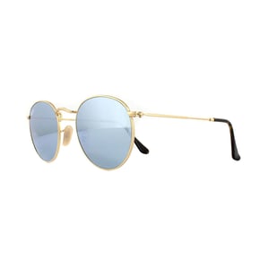 Ray-Ban Zonnebril Ronde Platte Lenzen 3447n 001/30 Glanzende Gouden Grijze Flash Spiegel 50mm