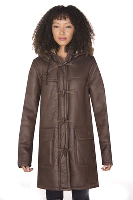 Dames bruine schapenvacht leren duffelcoat met capuchon-Charlotte