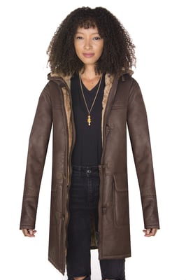 Dames bruine schapenvacht leren duffelcoat met capuchon-Charlotte