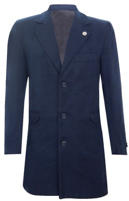 Lange marineblauwe wollen slim-fit overjas voor heren