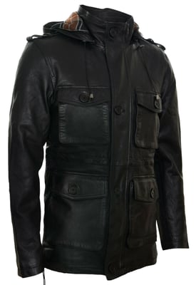 Leren trenchcoat met meerdere zakken en capuchon