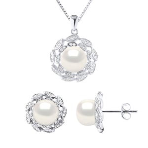 Versiering ketting en oorbellen FLOWER Zoet Water Beads White 9-10 mm 925