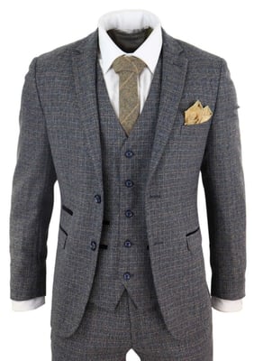Heren 3-delige Marineblauwe Houndstooth Vintage Retro Pak