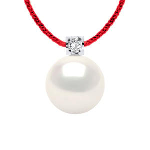 Diamond Necklace Natural 0.030 Cts en Freshwater Pearl Ronde 8-9 mm Link Nylon Red 925
