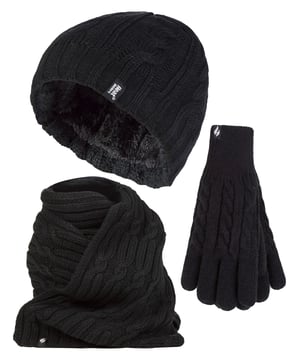 Heat Holders Dames Gebreide Muts Handschoen & Sjaal Set - Zwart