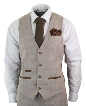 Heren 3-delige Beige Tweed Ruit Vintage Retro Kostuum