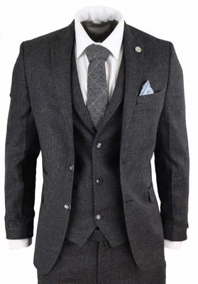 Heren 3-delige Zwarte Visgraat Tweed Kostuum