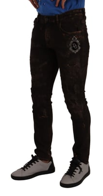 Dolce & Gabbana Heren Bruine DG Kroon Logo Katoenen Skinny Denim Jeans