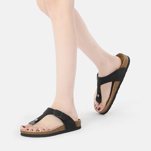 EVER AU Women Flamingo Leather Toe Thong Sandals - Zwart Leer