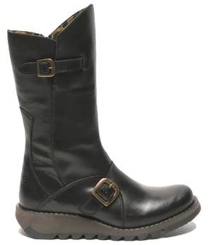 Fly London Dames Zwarte MES 2 Wedge Heel Buckle Mid-Calf Leren Zip Platform Laarzen