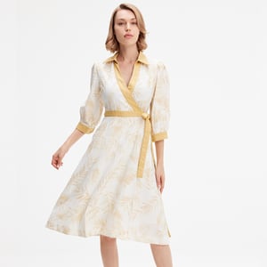Bi-material wrap jurk met tropische print