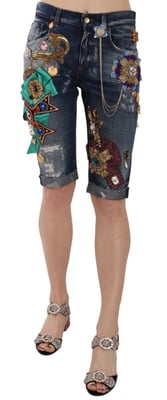 Dolce & Gabbana Dames Blauwe Denim Mid Waist Kristallen Capri Shorts