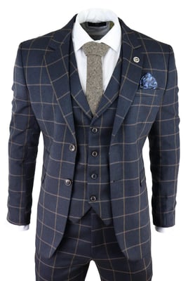 Heren Marineblauwe Geruite 3-delige Tweed Pak Peaky Blinders 1920s Gatsby Tailored Fit