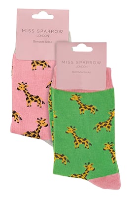 Set van 2 sokken met dierenprint voor meisjes | Miss Sparrow | Casual grappig patroon crew bamboe sokken | Grappige nieuwe sokken voor kinderen - Giraffen