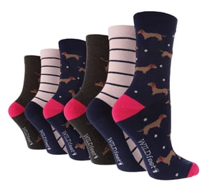 Wildfeet - 6 Paar Multipack Dames Crew Sokken - Leuke Dierenpatroon Sokken - Dashchchund
