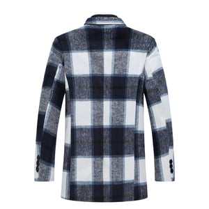 Heren lange slim fit geruite winter dikke jas met sjaalkraag blauw