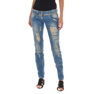 Lange denim broek versleten en gescheurd effect 10DB50128 vrouw