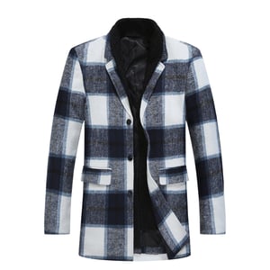 Heren lange slim fit geruite winter dikke jas met sjaalkraag blauw