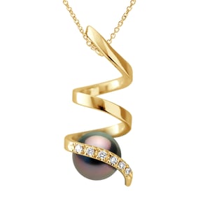 Hangertje Spiraal Diamanten 0,06 Ct - Kwaliteit HSI - Geel Goud - Echte Gecultiveerde Tahiti Parel Rond 7-8 mm