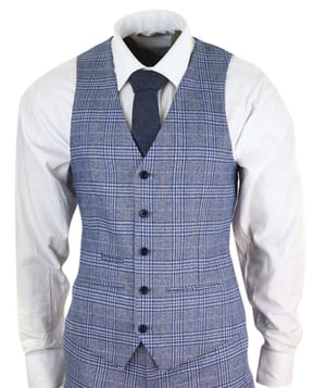 Heren 3-delige Blauw Grijze Tweed Check Vintage Retro Pak