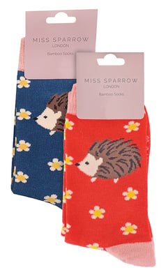 Set van 2 sokken met dierenprint voor meisjes | Miss Sparrow | Casual grappig patroon crew bamboe sokken | Grappige nieuwe sokken voor kinderen - Egels