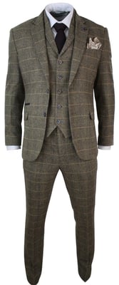 Heren 3-delig bruinbruin geruit tweed visgraat vintage klassiek pak