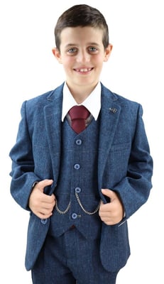 3-delig blauw visgraat tweed geruit klassiek pak voor jongens